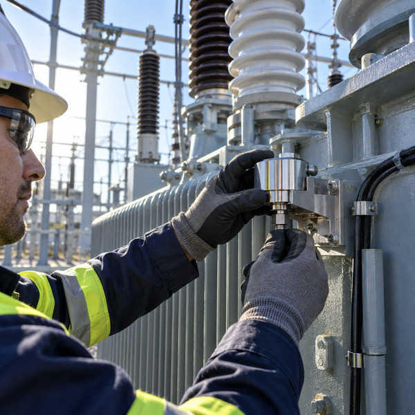 : Gloved utility technician fitting a compact precision sensor to transformer monitoring equipment inside a high-voltage substation.