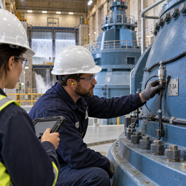 Technicians verify an equipment tag and sensor connection on a turbine inside a hydroelectric plant.