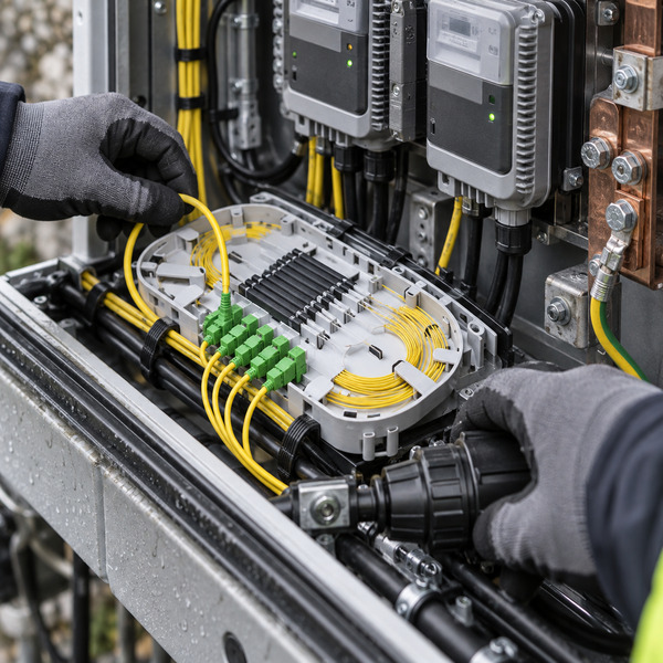 The physical layer behind connected utility data CMS alt text: Gloved hands connect fiber cabling, utility gateways and weatherproof hardware inside a communications junction.