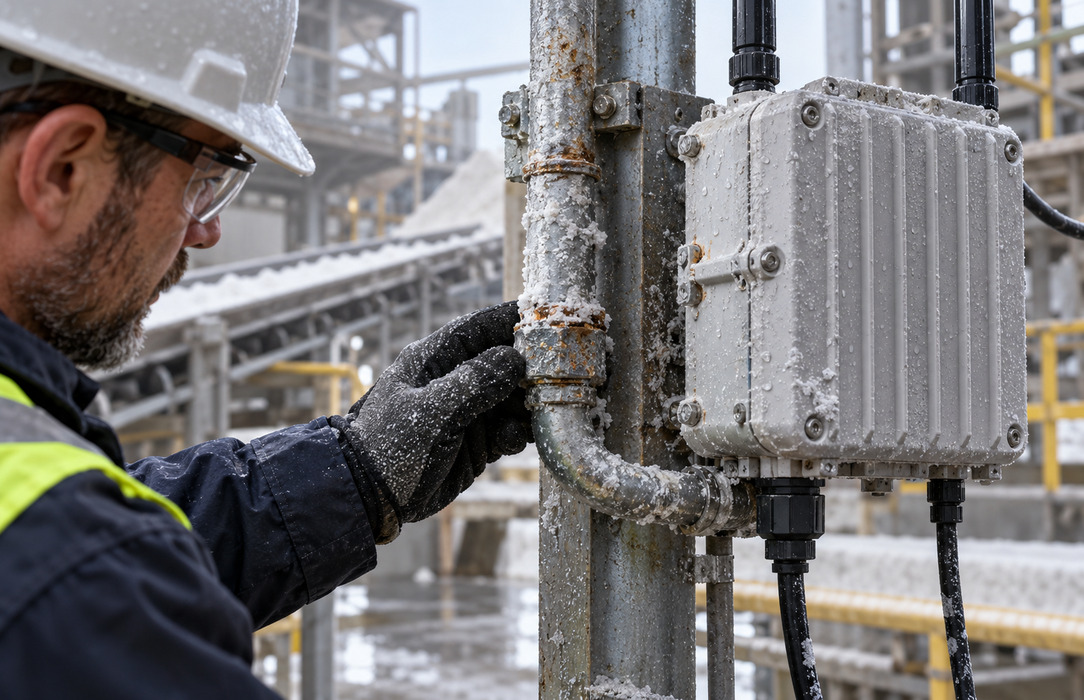 A maintenance technician inspects salt residue and corrosion around industrial conduit and a sealed wireless enclosure in a salt processing plant