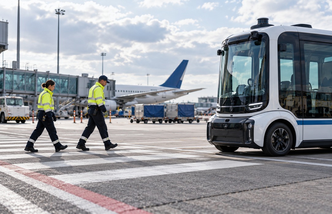 Sensor-equipped shuttle stopped at an airside crossing while two high-visibility ground crew members cross in front of terminal and aircraft operations.