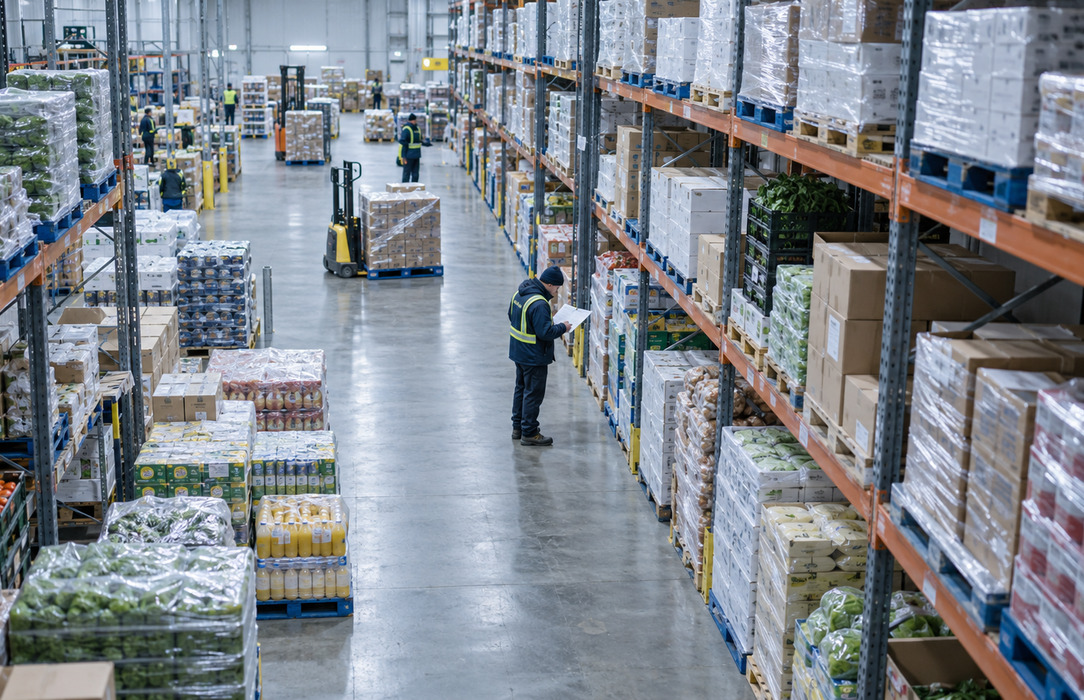 A foodservice warehouse picker checks an incomplete order list among long aisles of packaged catering goods and produce.
