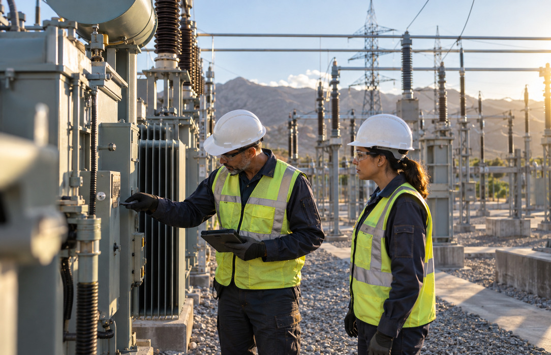 Two utility technicians conduct an equipment walkdown in an active electrical switchyard.