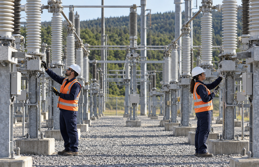 Two utility technicians apply the same inspection process to matching high-voltage switchyard equipment in an electricity substation.