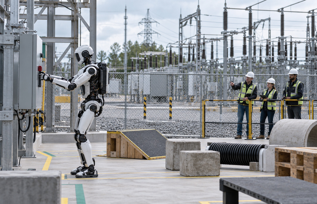 A humanoid robot is tested in a controlled training area beside a live electrical substation as engineers observe from behind a safety barrier.