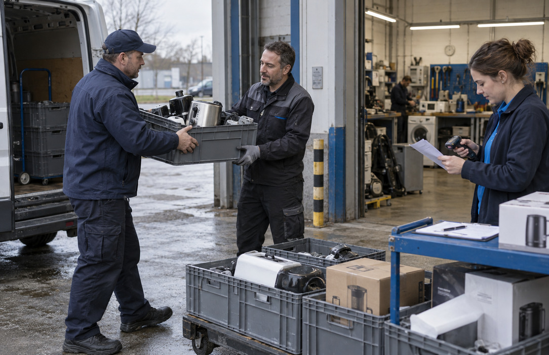 Courier and repair workshop team transferring retail appliance repair crates between store and service partner.