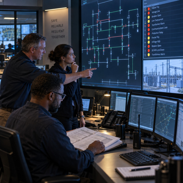 Grid operators and a cyber-resilience specialist review a live electricity network diagram and operating procedure in a utility control room.