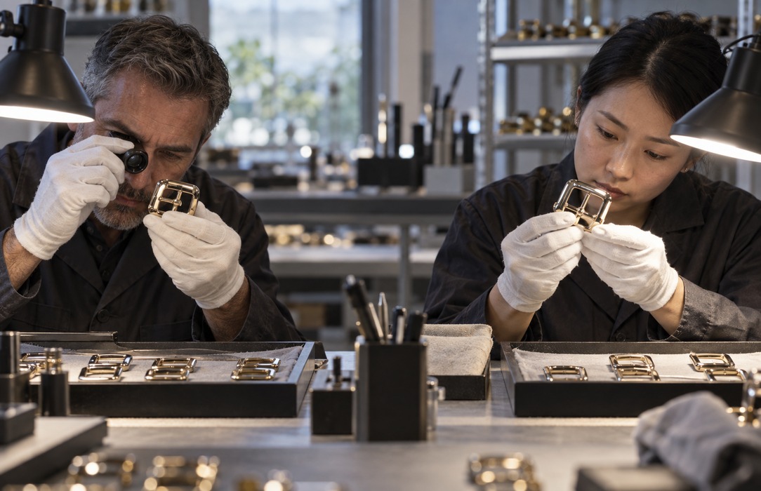 Two quality inspectors independently assessing matching plated buckles under different task-light angles in a precision workshop.