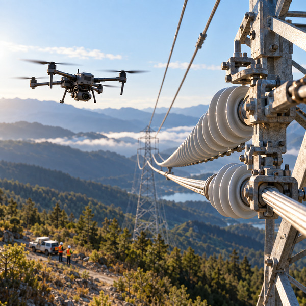 Inspection drone flying beside high-voltage line insulators in a mountainous transmission corridor.