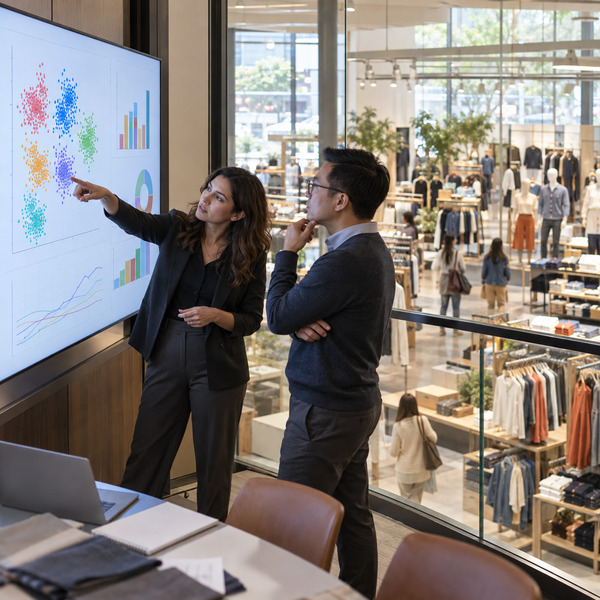 Two retail professionals review an analytics display overlooking an active department store.