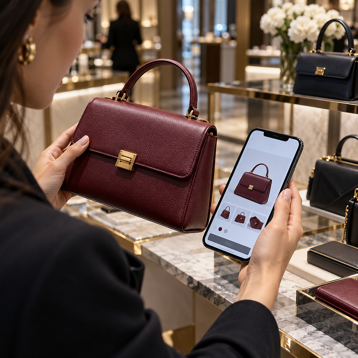 Shopper comparing a burgundy handbag with a product page on a smartphone in a premium accessories department.