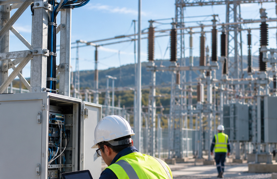 Field technician working on an open communications cabinet inside a high-voltage substation, with industrial network hardware and cabling visible.