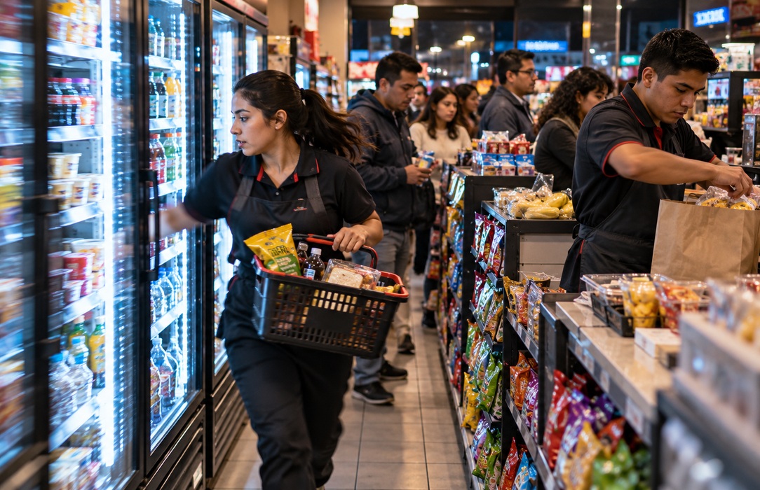 Convenience store associates pick and pack digital grocery orders during a busy evening rush, reflecting the pressure to meet customer expectations for speed.