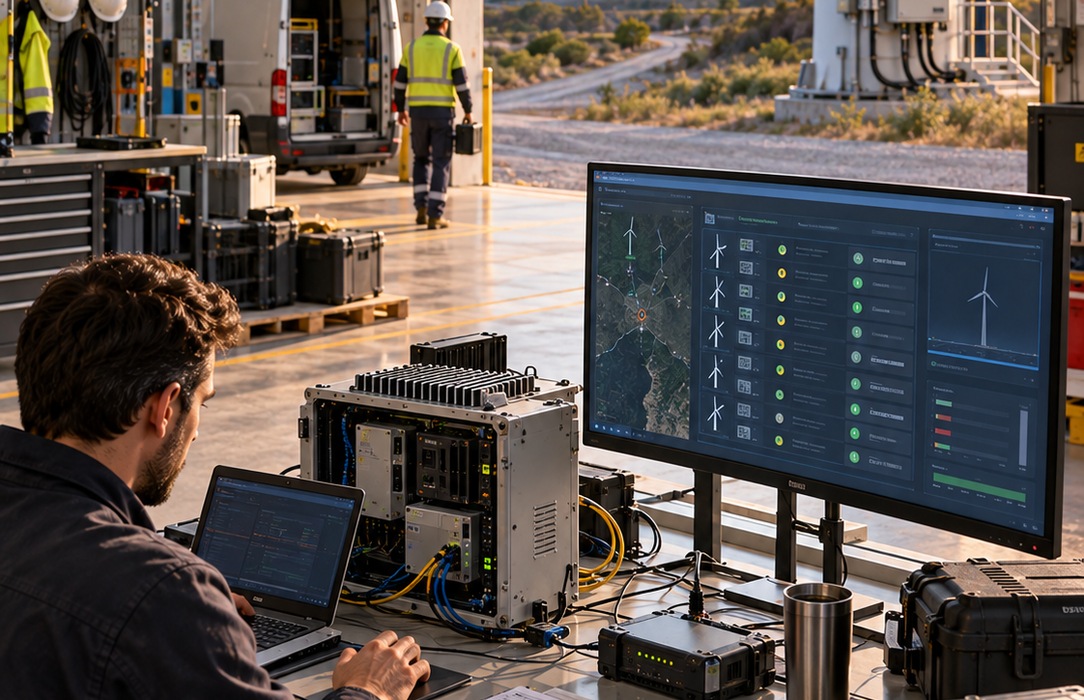 Wind-energy engineer works across local systems and monitoring tools while field activity continues outside, illustrating the challenge of bringing distributed project information into one portfolio view.