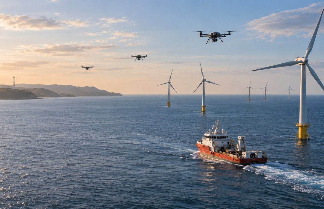 Industrial drones operating around wind turbines to capture aerial inspection evidence more quickly across wind-farm assets.