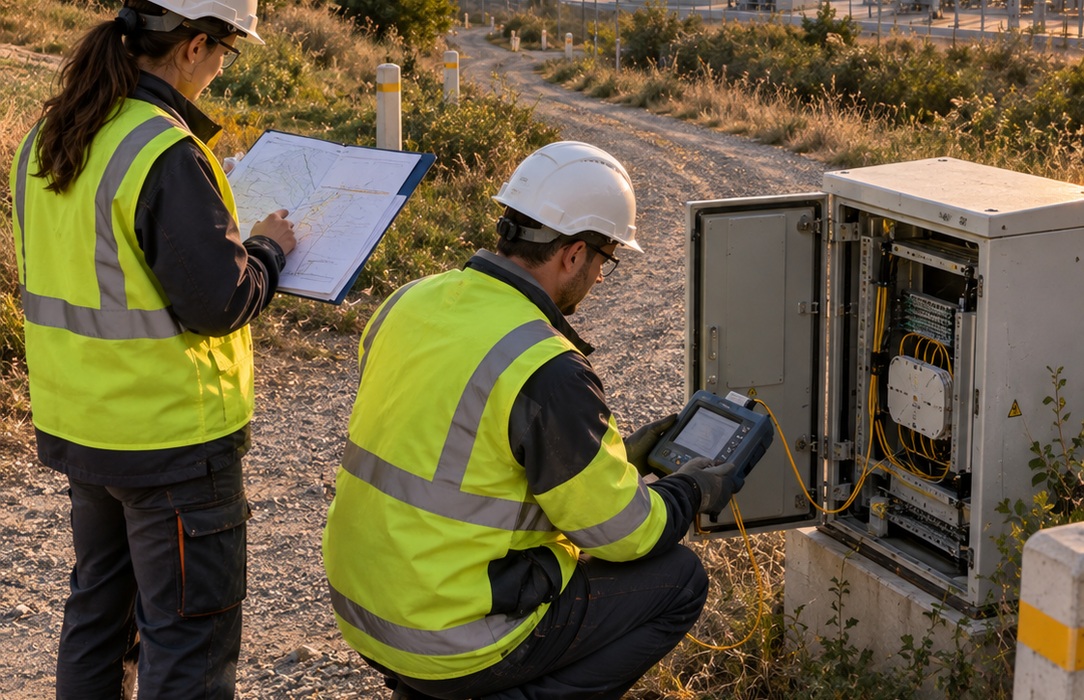 Utility engineers compare a network map and field test data beside electrical infrastructure, illustrating the need to connect inspection evidence with maintenance records.