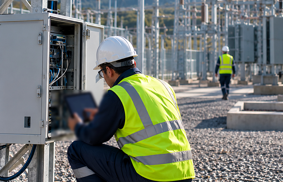 Field technician capturing operational evidence from an open communications cabinet in a high-voltage substation.