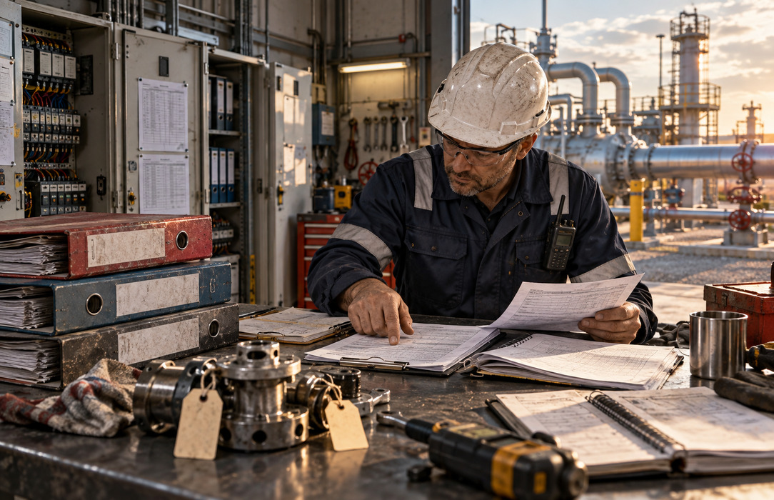Gas maintenance technician cross-checking binders, printed records and tagged parts in a workshop beside pipeline assets.