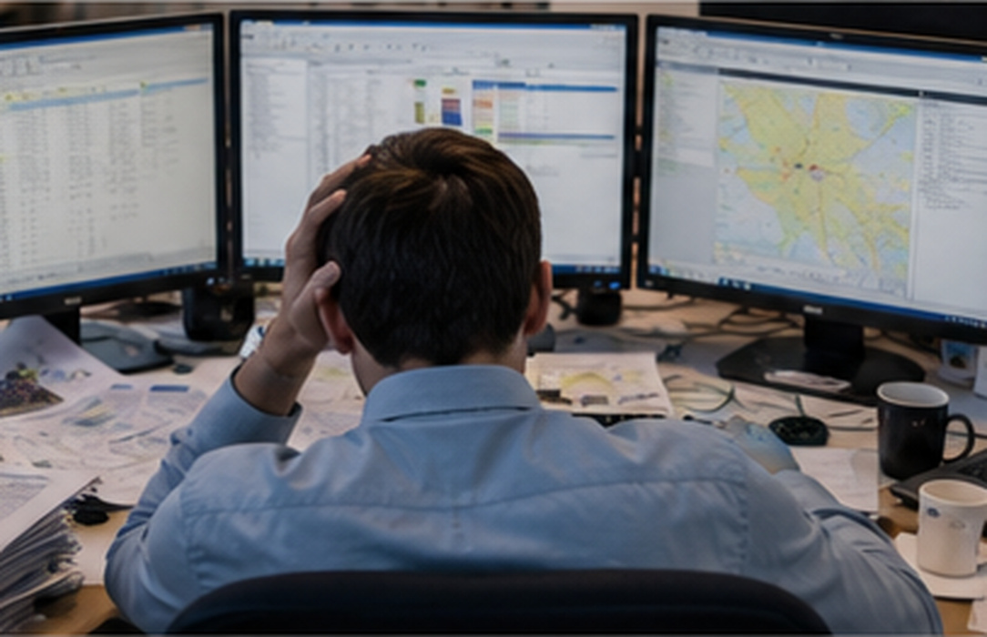 Renewable production professional surrounded by separate monitors, paper reports and disconnected planning materials, illustrating fragmented information and decision workflows.