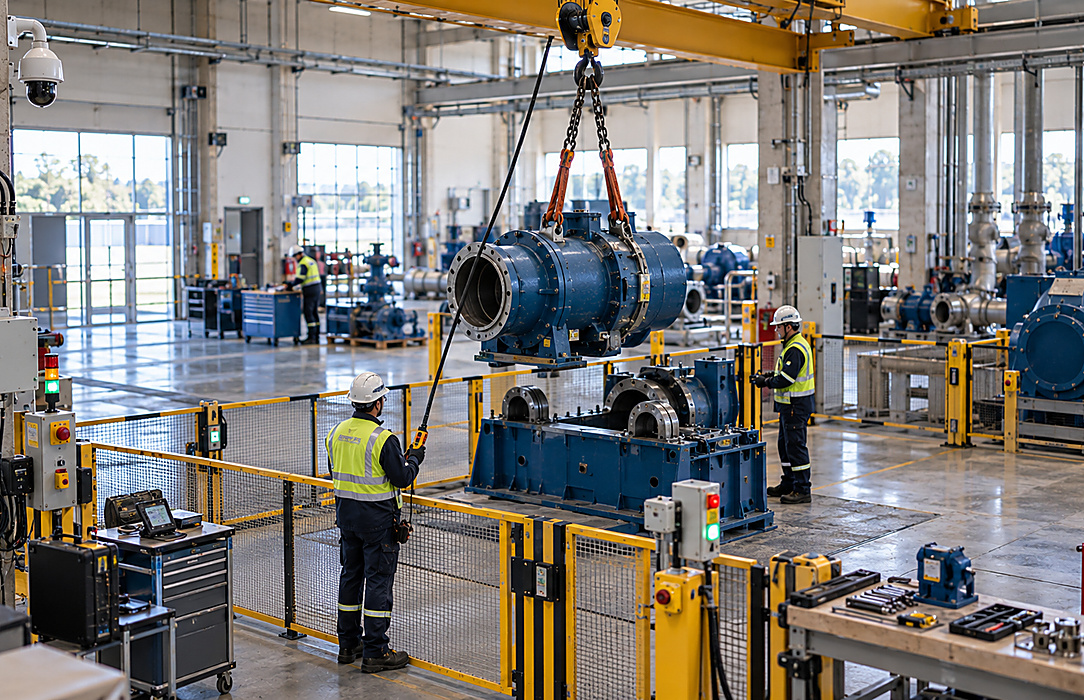 Two utility technicians coordinate an overhead crane lift of heavy rotating equipment inside a modern maintenance hall.