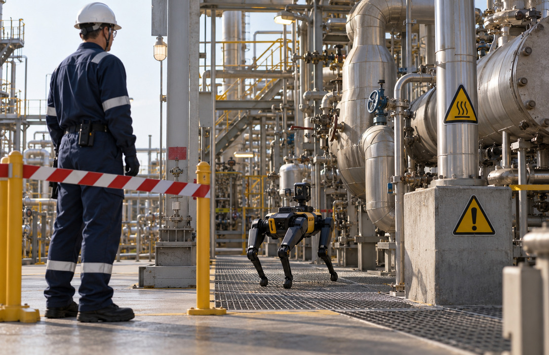 Quadruped robot inspecting a restricted chemical plant area while a PPE-equipped operator observes from behind a safety barrier.