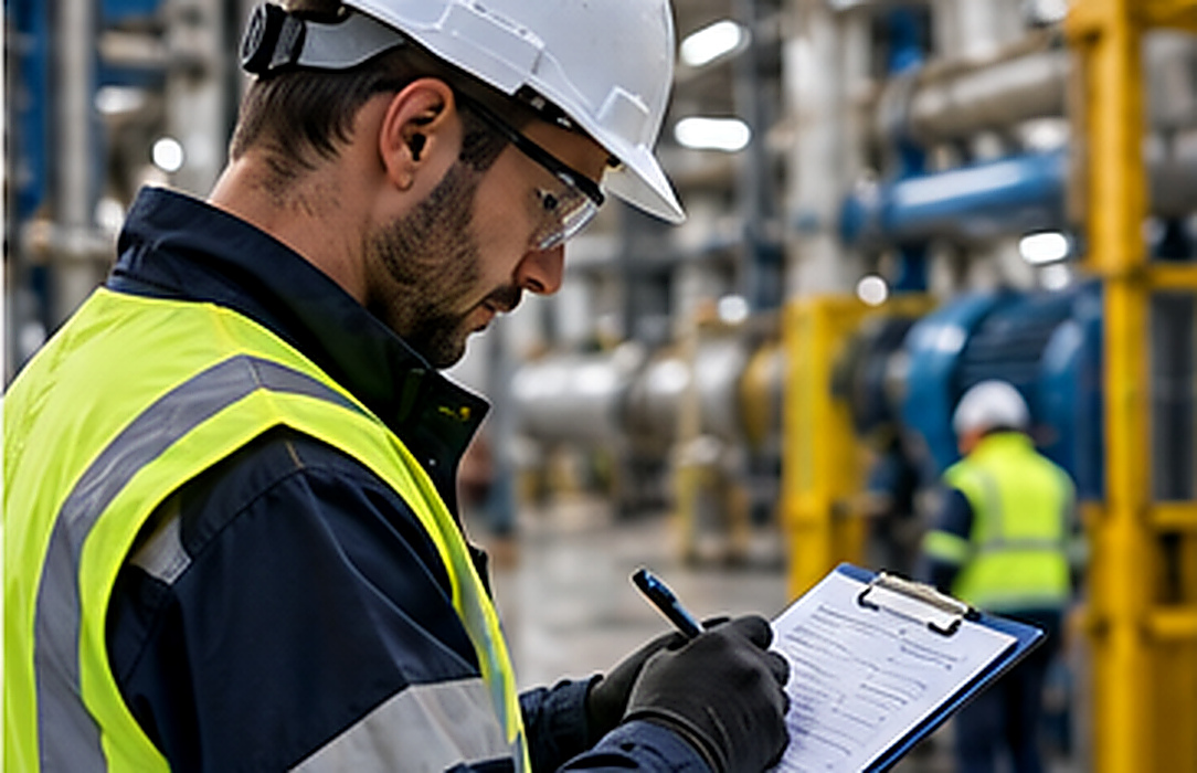 Safety professional records observations on a clipboard while mobile industrial equipment operates in the background of a plant.