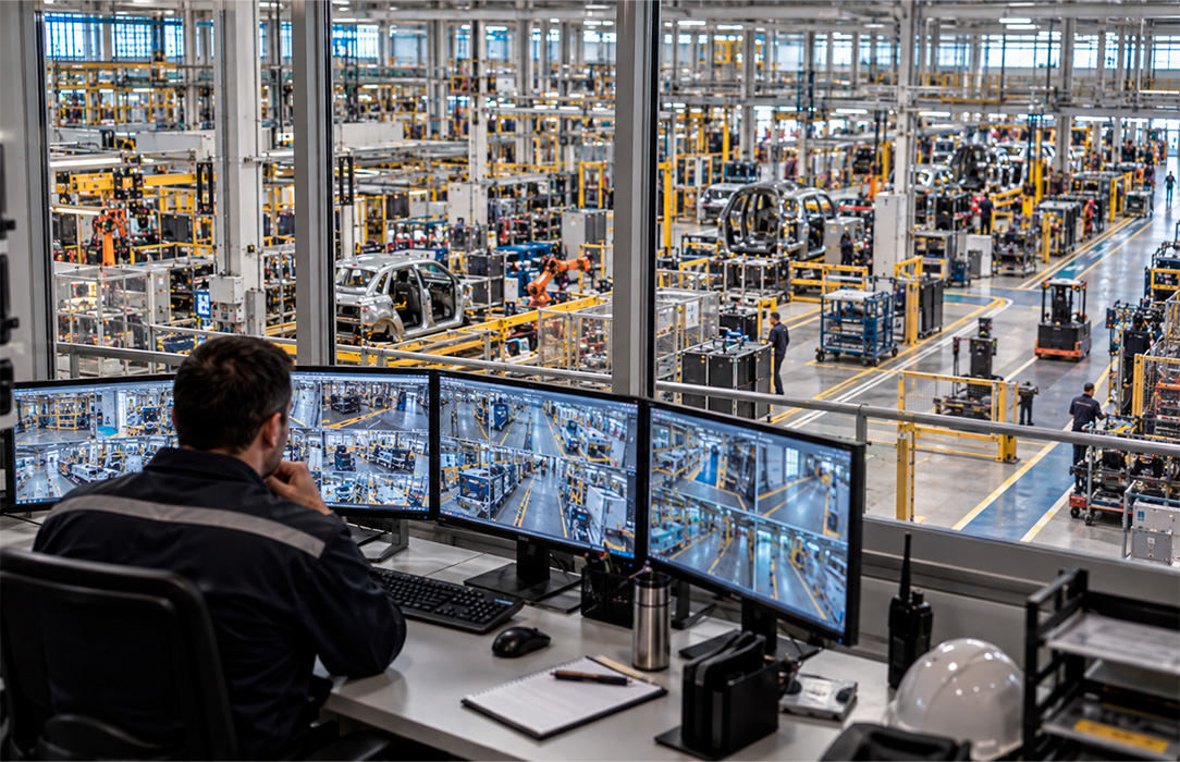 Ultra-photorealistic 1084x700 documentary photograph inside a vehicle manufacturing facility. Show one safety supervisor at a practical workstation overlooking several camera feeds on conventional monitors while the real factory floor extends far beyond the nearby observation area through windows or an open mezzanine view. The composition should make the scale mismatch clear: one person, many separate production zones, multiple activities occurring at once. Screens should contain only unreadable video thumbnails. Natural lighting, no futuristic control room, no brand marks, no readable text.