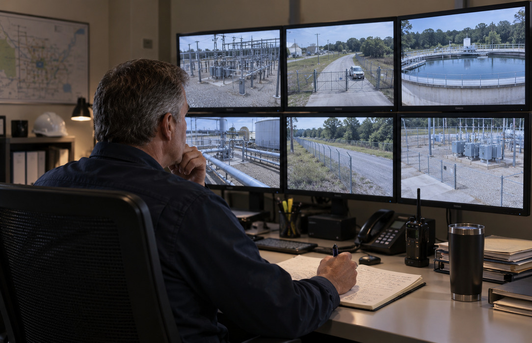 Utility security operator manually reviews multiple live feeds from critical infrastructure sites.