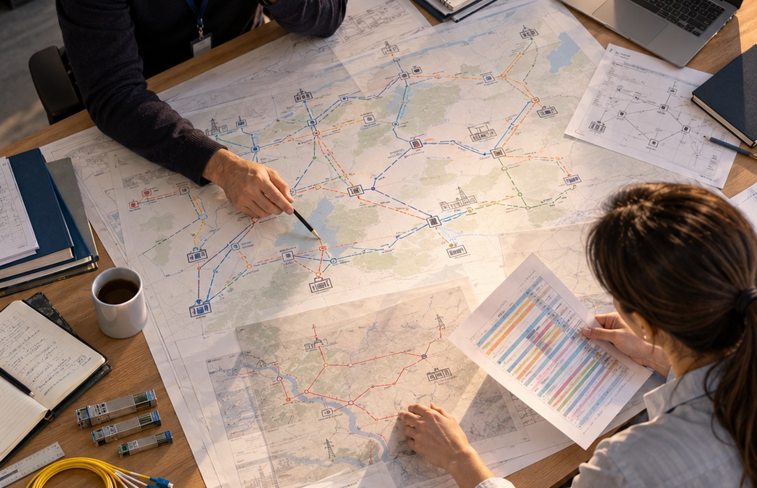 Two maintenance planners reviewing a large network map, schedules and technical documents, illustrating the complexity of coordinating gas inspection plans with workforce constraints.