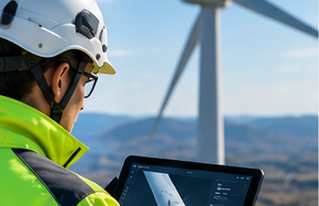Wind farm technician records blade inspection evidence on a rugged field device at a remote turbine site.