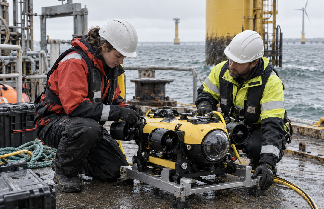 Field technicians inspect a lightweight autonomous underwater vehicle on a harbor work deck before deployment.