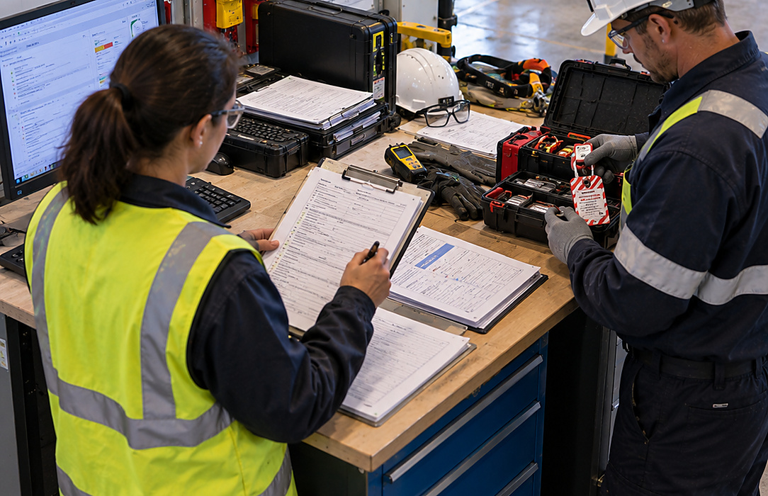 Industrial maintenance team manages permit forms, lockout equipment and field tools at a safety preparation workstation.
