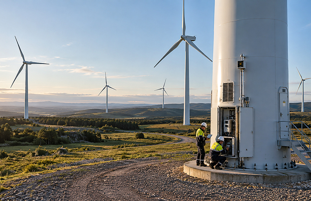 Two wind-farm technicians inspecting equipment at the base of a turbine in a remote renewable-energy landscape.