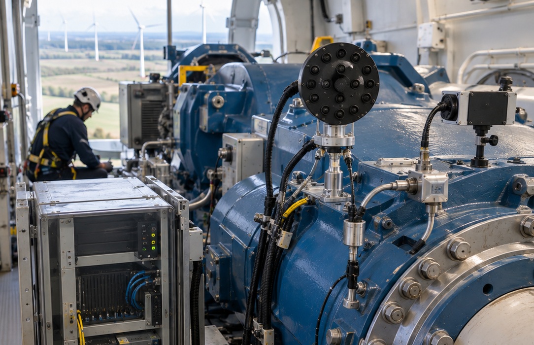 Interior of a wind turbine nacelle with drivetrain equipment, sensors and a technician working inside the confined mechanical environment.