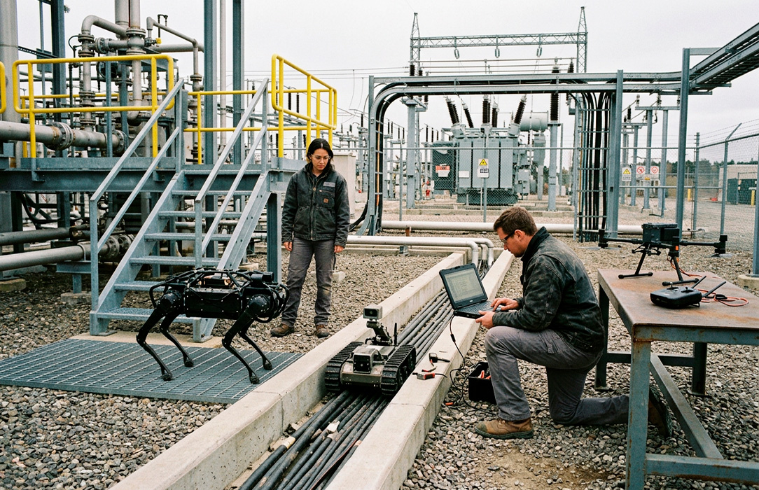Different unbranded robotic platforms being evaluated against stairs, cable routes and other real utility operating conditions.