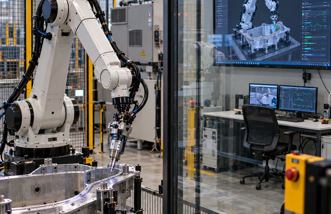 Industrial robotic arm undergoing controlled validation beside a glass-walled engineering workstation in a robotics test environment.