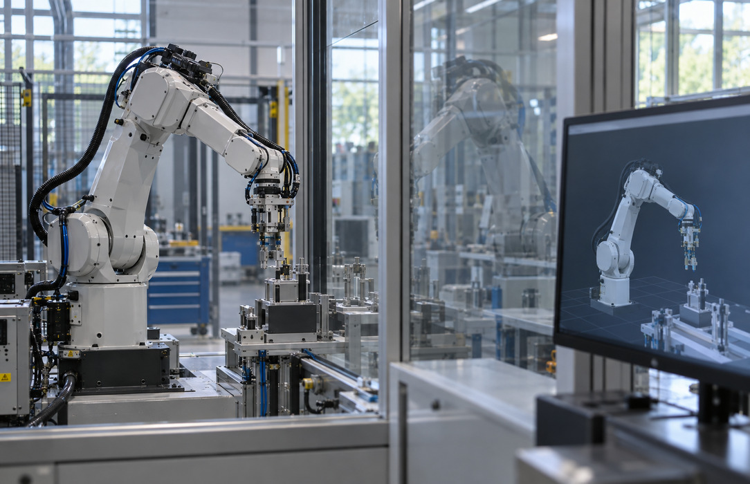Physical robotic arm and its reflected geometry align beside a monitor showing the corresponding digital model in an industrial lab.