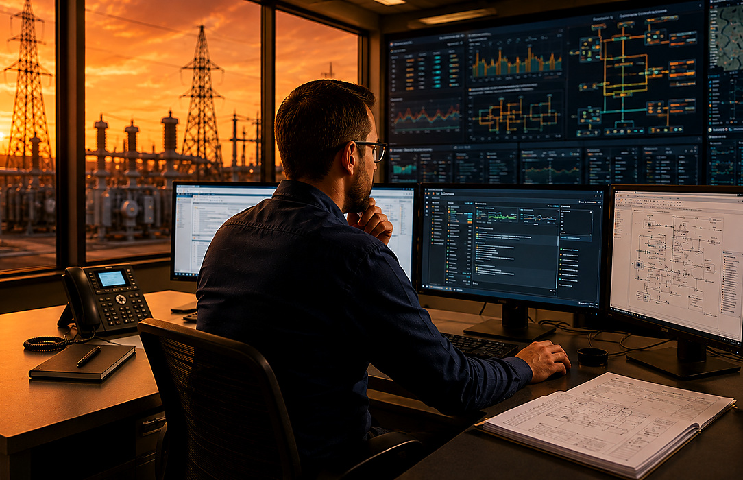 Transmission control-room specialist reviews multiple operational and network dashboards while the active electrical substation remains visible outside.
