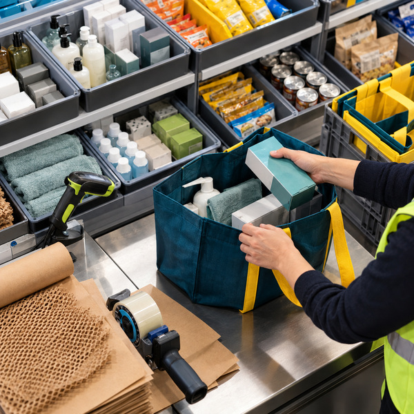 Associate assembles a customer order from modular product bins at a retail packing station.