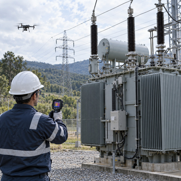 A utility engineer inspects a power transformer with a thermal camera while a drone surveys the upper structure.
