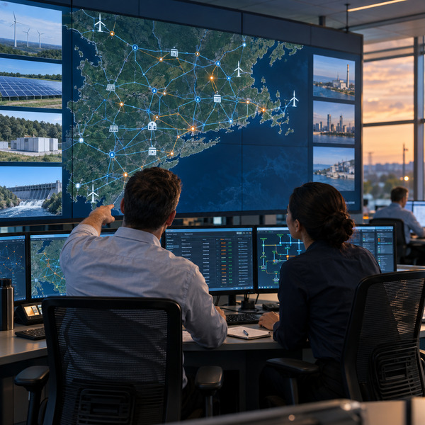 Grid dispatch operators coordinating a response using a geographic network display in a utility operations room