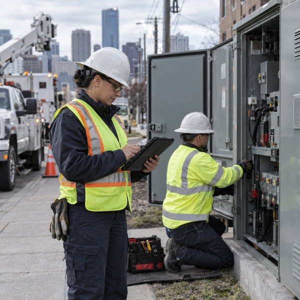 An electrical distribution crew coordinates work beside open switchgear using a rugged tablet and existing field equipment.