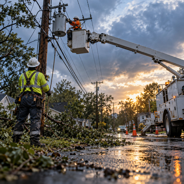A field crew coordinates the safe inspection of storm-damaged distribution equipment with service vehicles and overhead power lines visible after rain.
