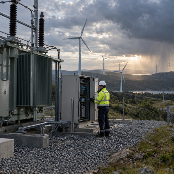 Utility engineer checks an edge-computing cabinet at a remote substation with wind turbines nearby.