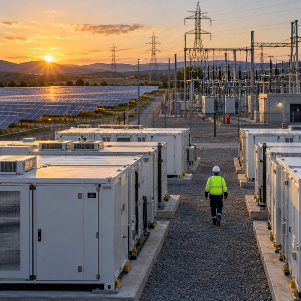 A battery storage site and solar array operating alongside visible utility grid infrastructure during a high-demand period.