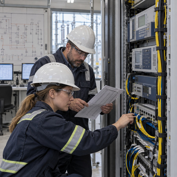 Cybersecurity specialist examining labelled communications hardware and fibre connections inside a utility substation relay room.