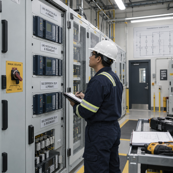 Protection specialist inspecting relay cabinets and manual isolation controls inside a transmission substation.