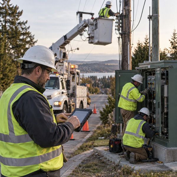 A distribution repair crew coordinates field work around service vehicles, switching equipment and live operational context.
