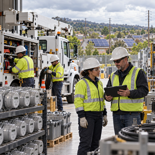 Utility field crew coordinating work beside service vehicles, smart meters and distribution equipment at an operations depot.
