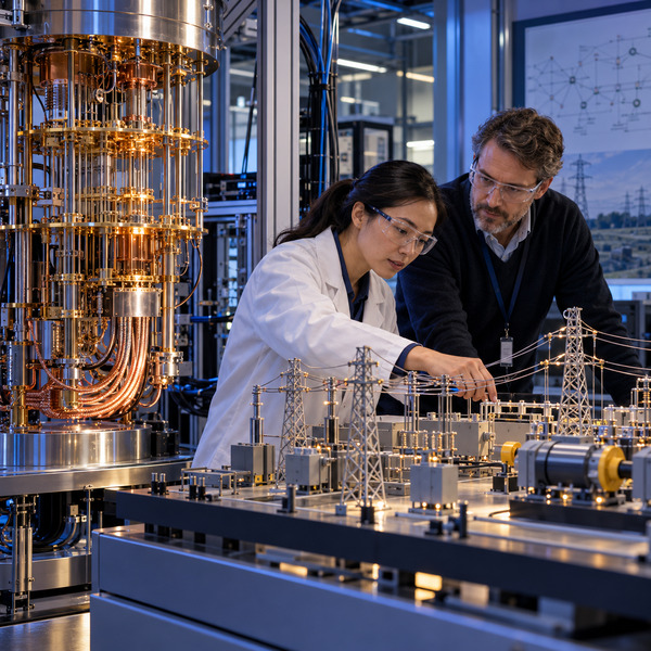 A quantum researcher and utility planner work between cryogenic quantum hardware and a physical power-grid simulation bench in a research laboratory.